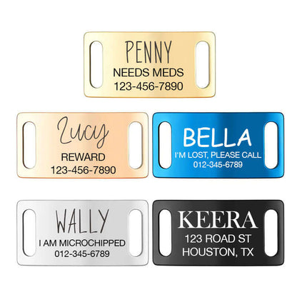 Stainless steel slide on collar dog tag with engraved text