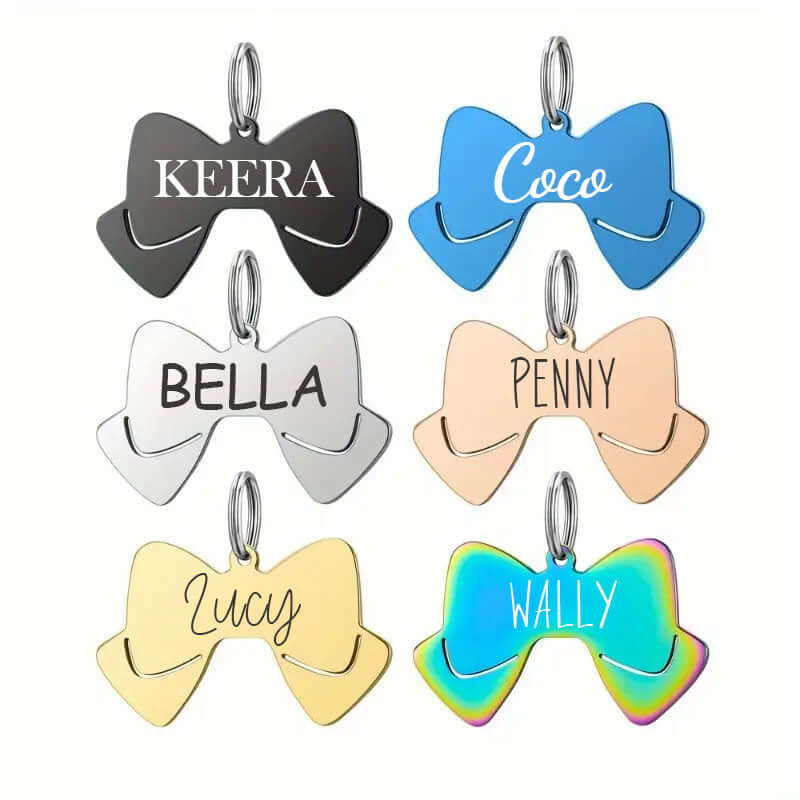 Stainless steel bow tie pet tag with engraved details