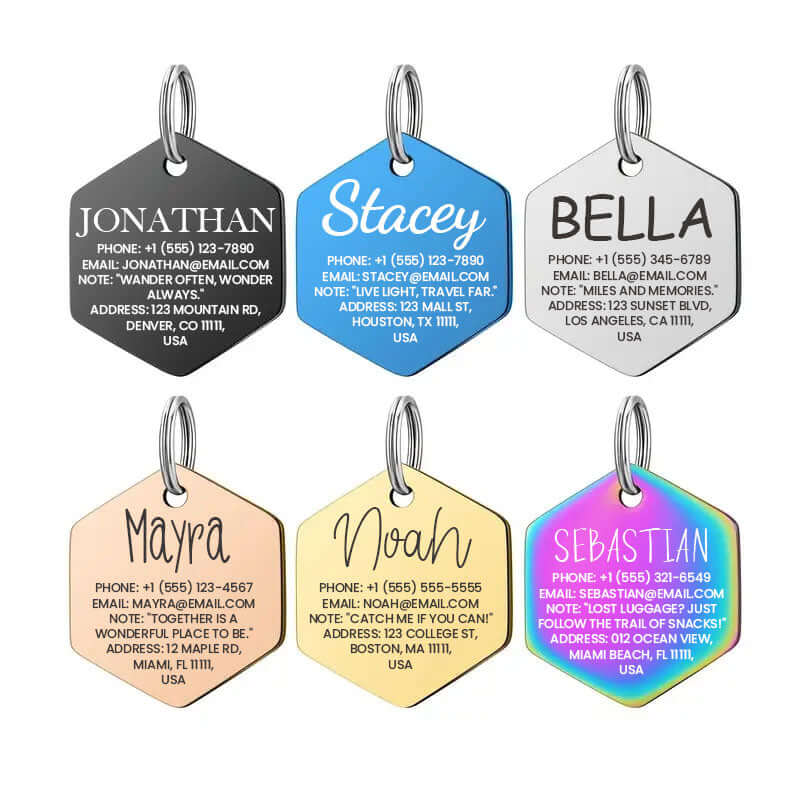 Hexagon pet tag with custom engraving for pets or luggage