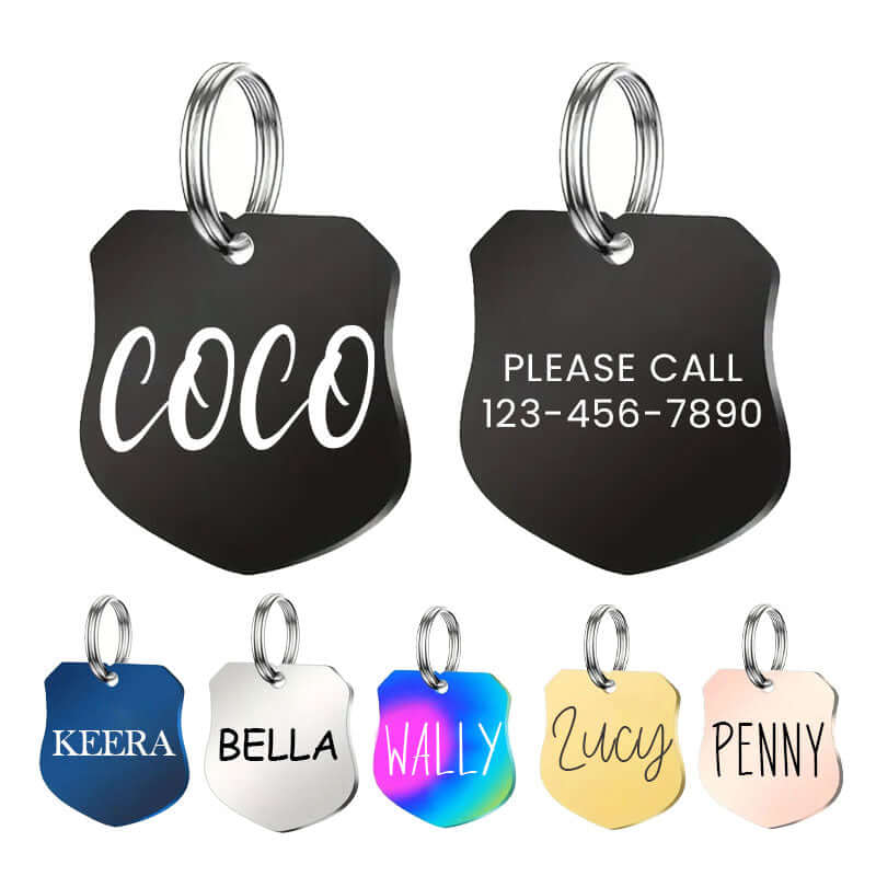 Custom engraved stainless steel pet tag shield shape