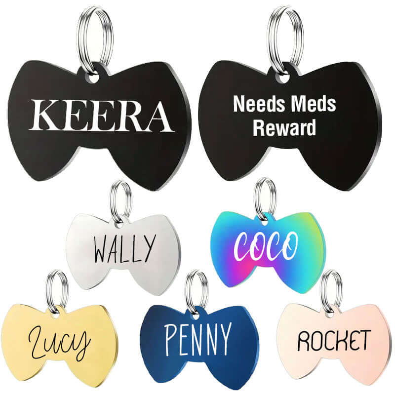 Stainless steel bow tie pet tag with engraved details