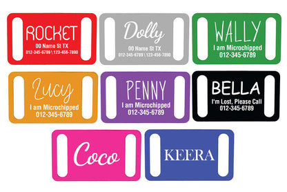 Personalized engraved dog collar tags with slide-on design