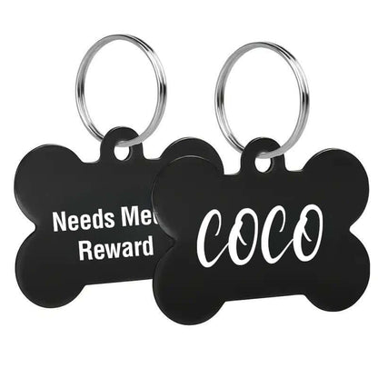 Custom engraved bone-shaped dog tags with clear text engraving