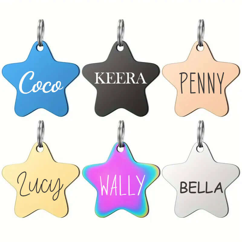 Custom engraved stainless steel pet tag in a star shape