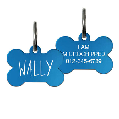 Blue Bone-Shaped Dog Tags - 'Wally' and 'I Am Microchipped' with Contact Number