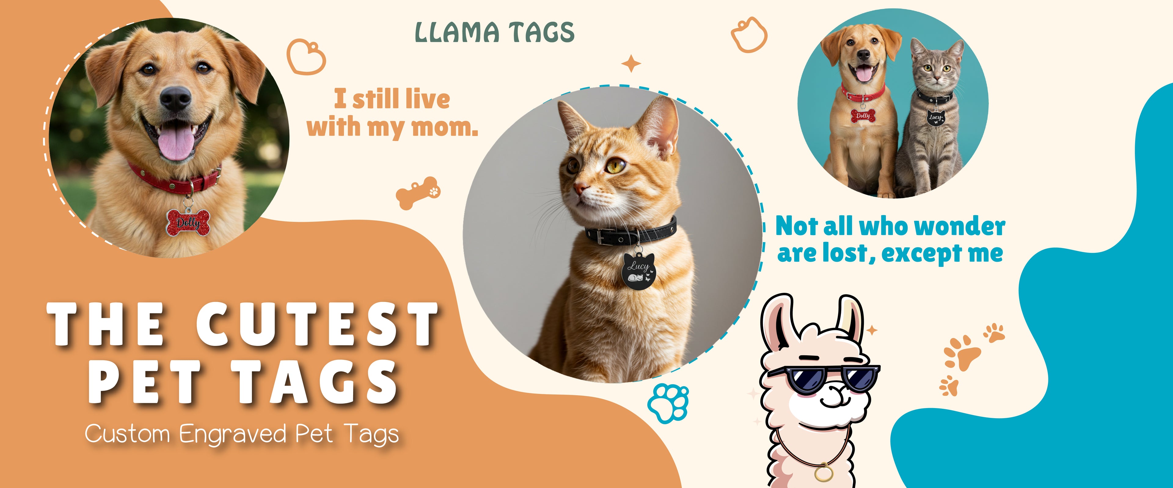 Promotional banner for Llama Tags with the headline "The Cutest Pet Tags." It features photos of a happy dog and a cat wearing custom engraved ID tags with humorous sayings.